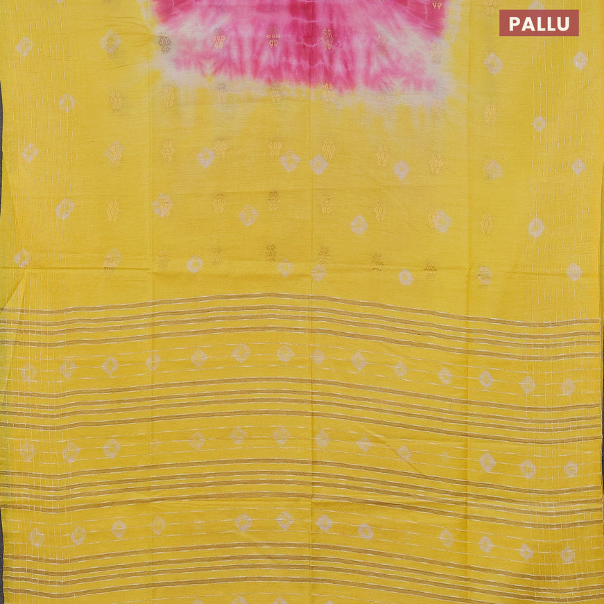 Bamboo saree light pink and yellow with tie & dye prints zari buttas and woven border