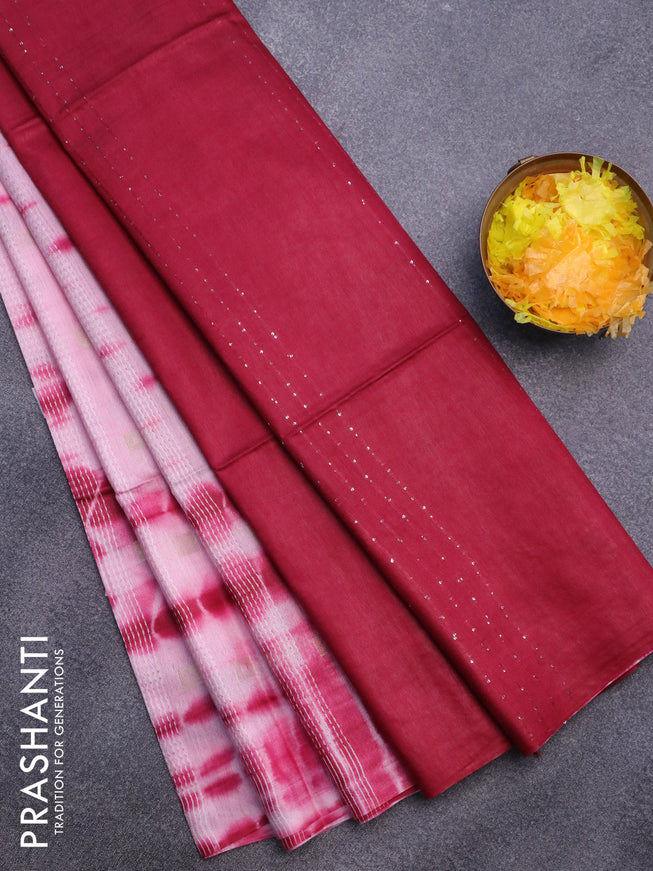 Bamboo saree light pink and maroon with tie & dye prints zari buttas and sequin work pallu