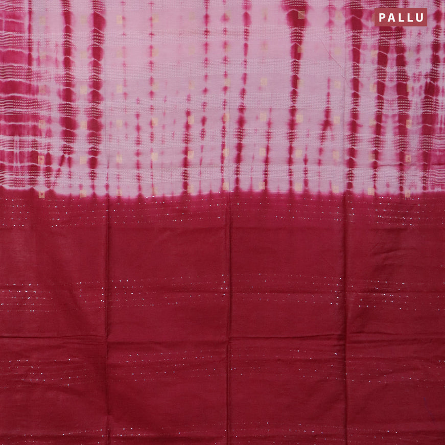 Bamboo saree light pink and maroon with tie & dye prints zari buttas and sequin work pallu