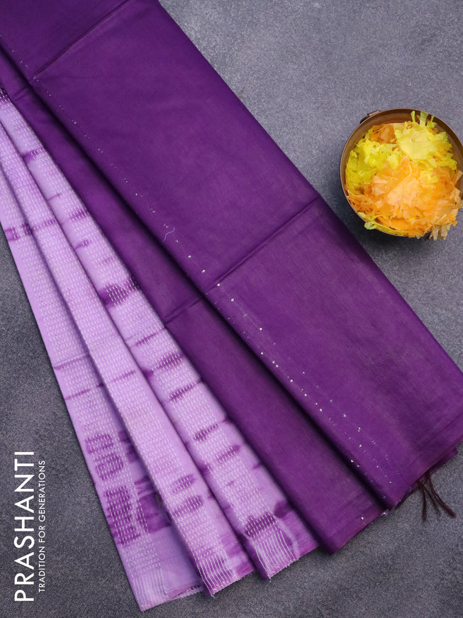 Bamboo saree lavender shade and violet with tie & dye prints zari buttas and sequin work pallu