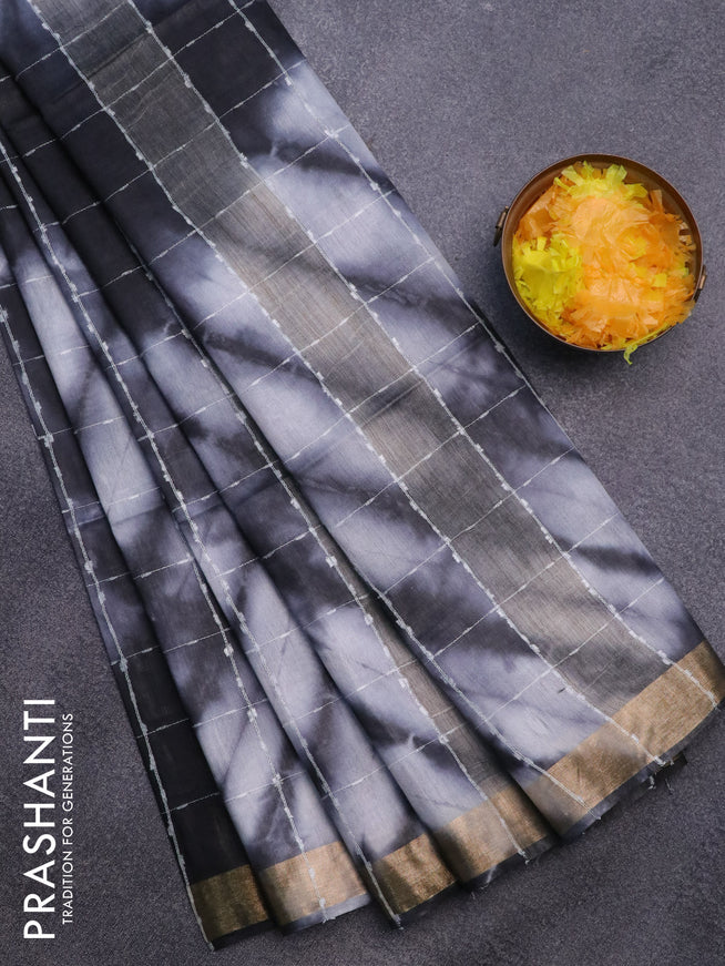 Bamboo saree black and grey with allover thread checks & tie and dye prints and zari woven border