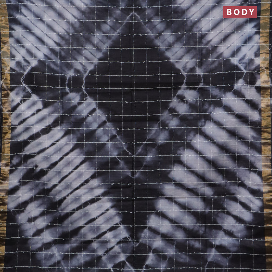 Bamboo saree black and grey with allover thread checks & tie and dye prints and zari woven border