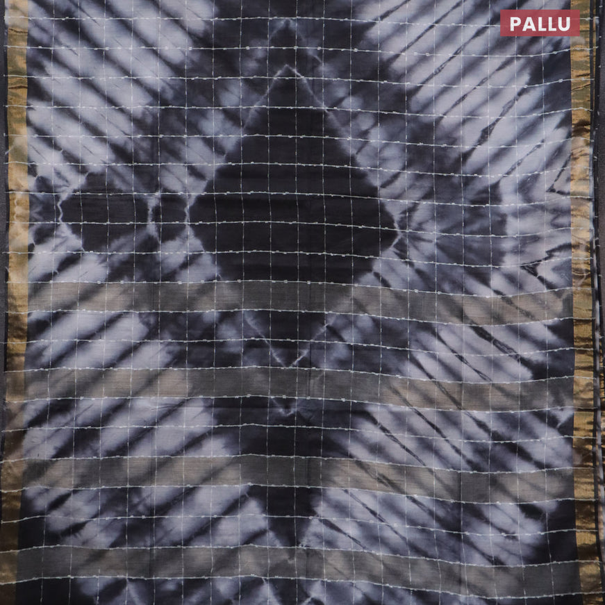 Bamboo saree black and grey with allover thread checks & tie and dye prints and zari woven border