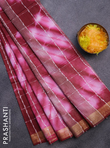 Bamboo saree maroon and light pink with allover thread checks & tie and dye prints and zari woven border