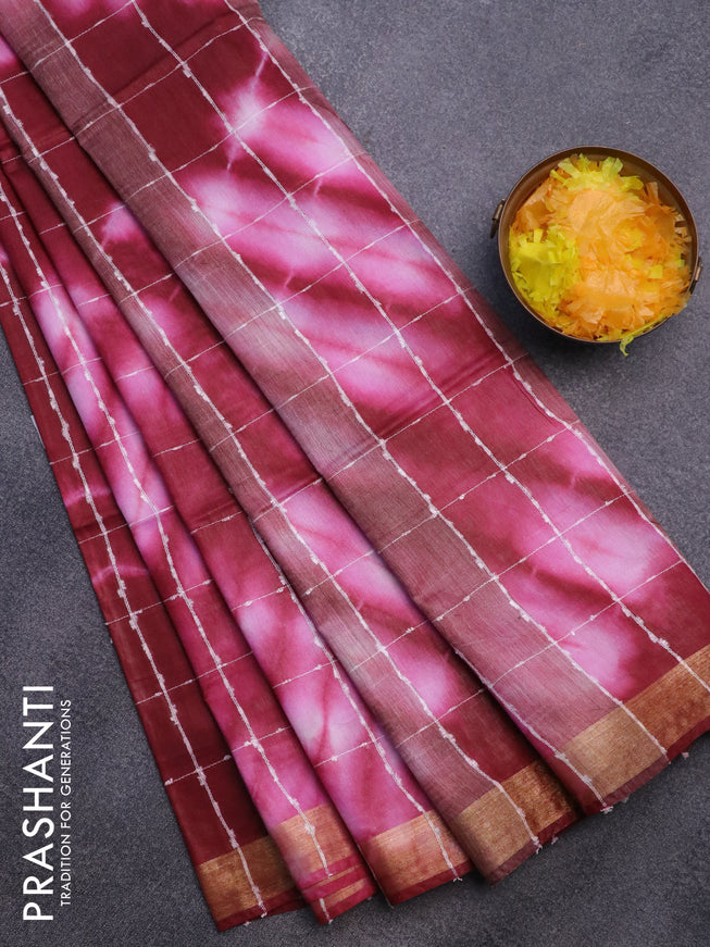 Bamboo saree maroon and light pink with allover thread checks & tie and dye prints and zari woven border