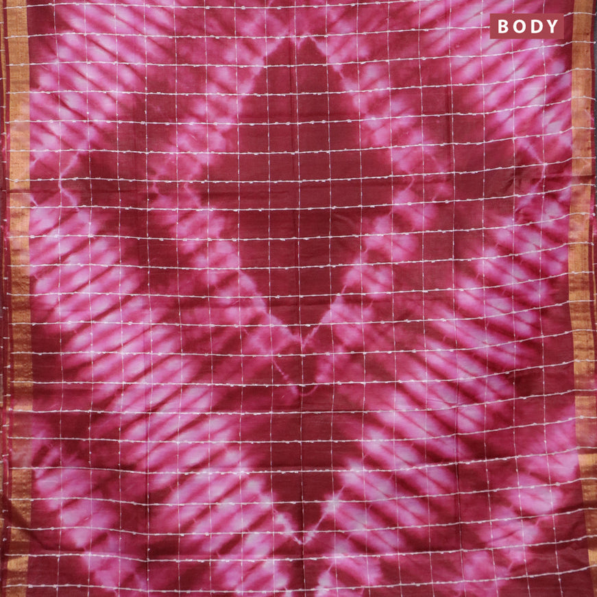 Bamboo saree maroon and light pink with allover thread checks & tie and dye prints and zari woven border