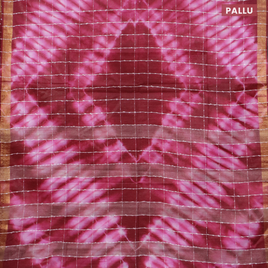 Bamboo saree maroon and light pink with allover thread checks & tie and dye prints and zari woven border