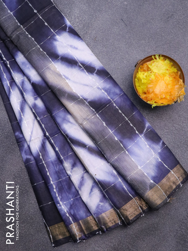 Bamboo saree navy blue and off white with allover thread checks & tie and dye prints and zari woven border