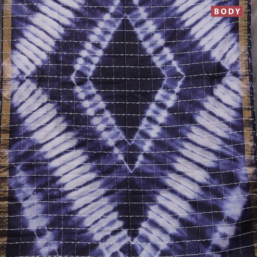 Bamboo saree navy blue and off white with allover thread checks & tie and dye prints and zari woven border