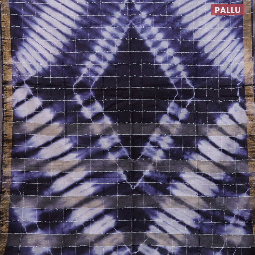 Bamboo saree navy blue and off white with allover thread checks & tie and dye prints and zari woven border