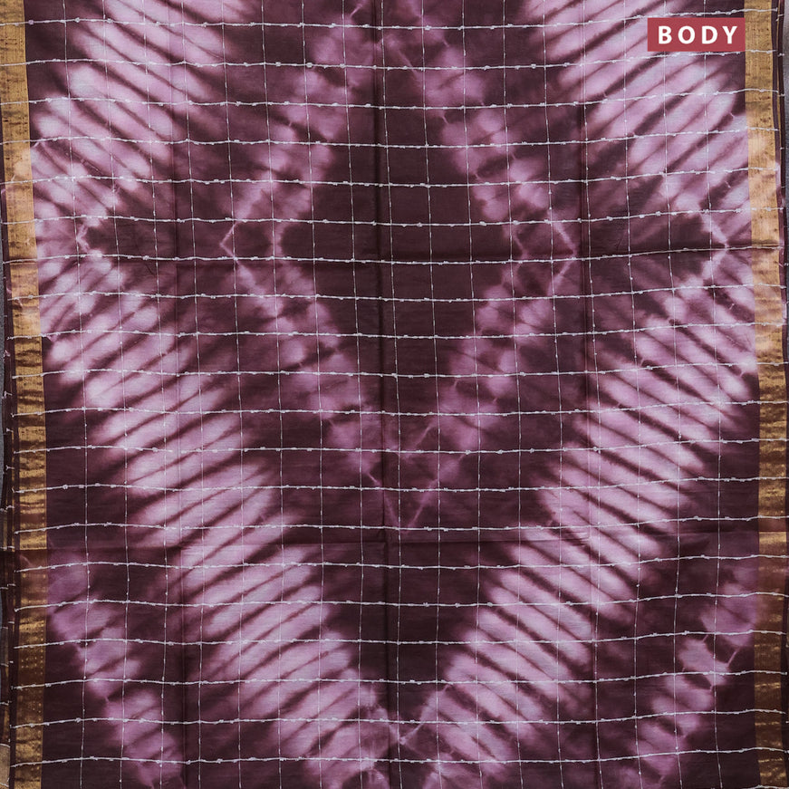 Bamboo saree coffee brown and baby pink with allover thread checks & tie and dye prints and zari woven border