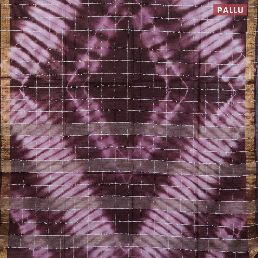 Bamboo saree coffee brown and baby pink with allover thread checks & tie and dye prints and zari woven border