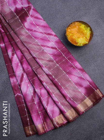 Bamboo saree light pink and wine shade with allover thread checks & tie and dye prints and zari woven border