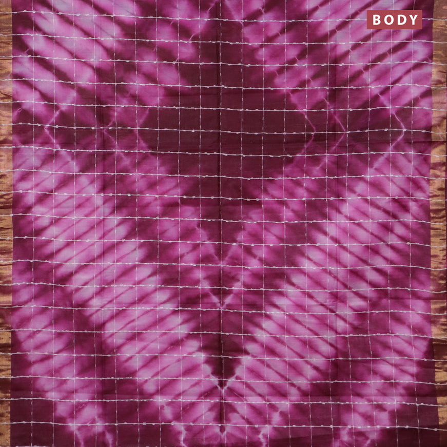 Bamboo saree light pink and wine shade with allover thread checks & tie and dye prints and zari woven border