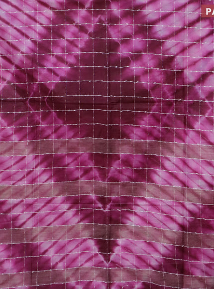 Bamboo saree light pink and wine shade with allover thread checks & tie and dye prints and zari woven border