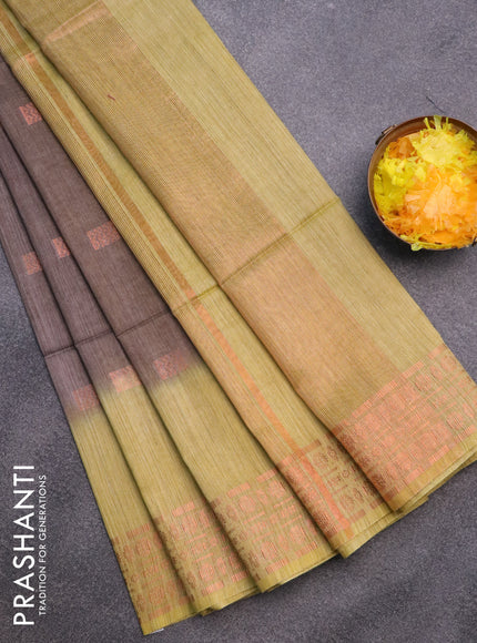 Bamboo saree brown shade and lime yellow with copper zari woven buttas and copper zari woven border