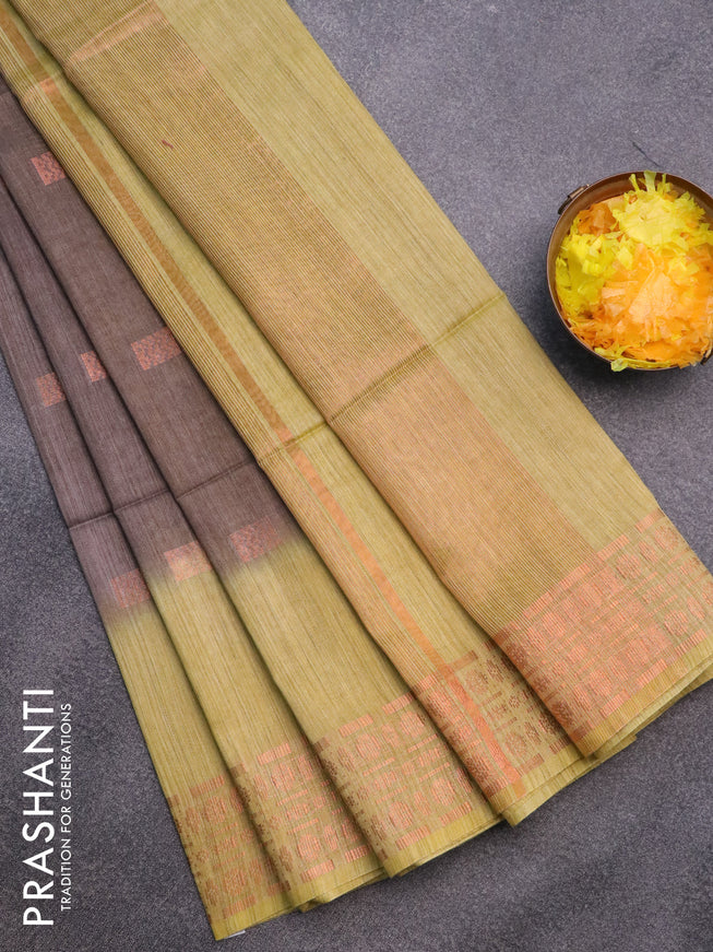 Bamboo saree brown shade and lime yellow with copper zari woven buttas and copper zari woven border