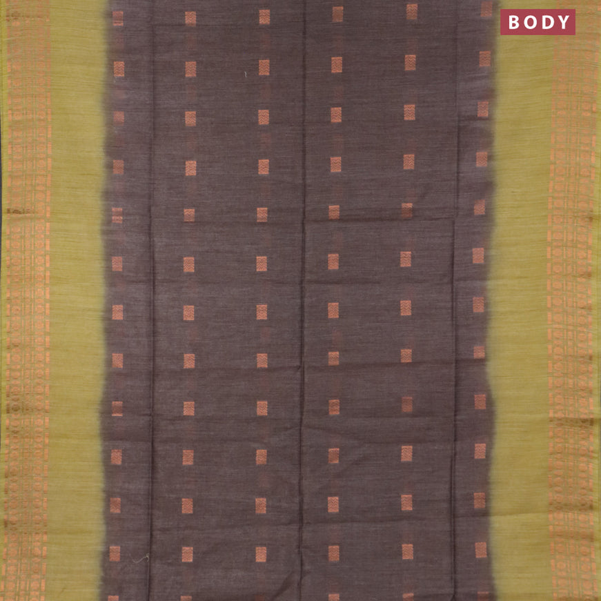 Bamboo saree brown shade and lime yellow with copper zari woven buttas and copper zari woven border