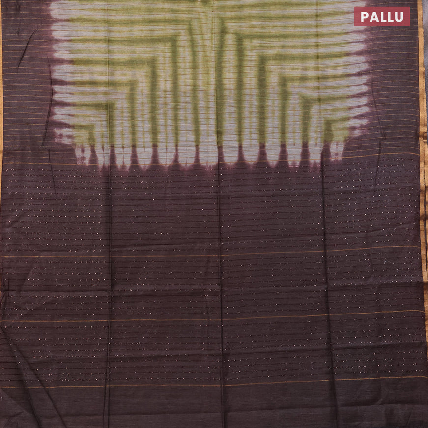 Bamboo saree green off white and coffee brown with allover copper zari stripe pattern and sequin work pallu & zari border