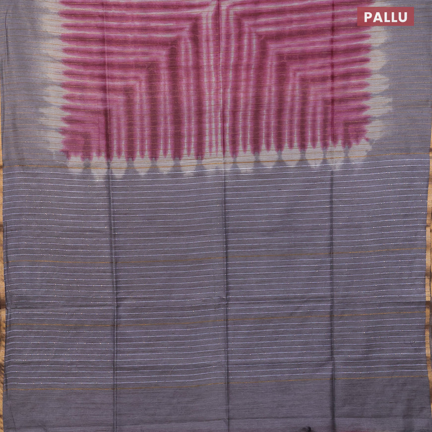 Bamboo saree pink shade and grey with allover copper zari stripe pattern and sequin work pallu & zari border