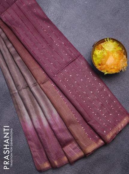 Bamboo saree brown shade and wine shade with allover copper zari stripe pattern and sequin work pallu & zari border