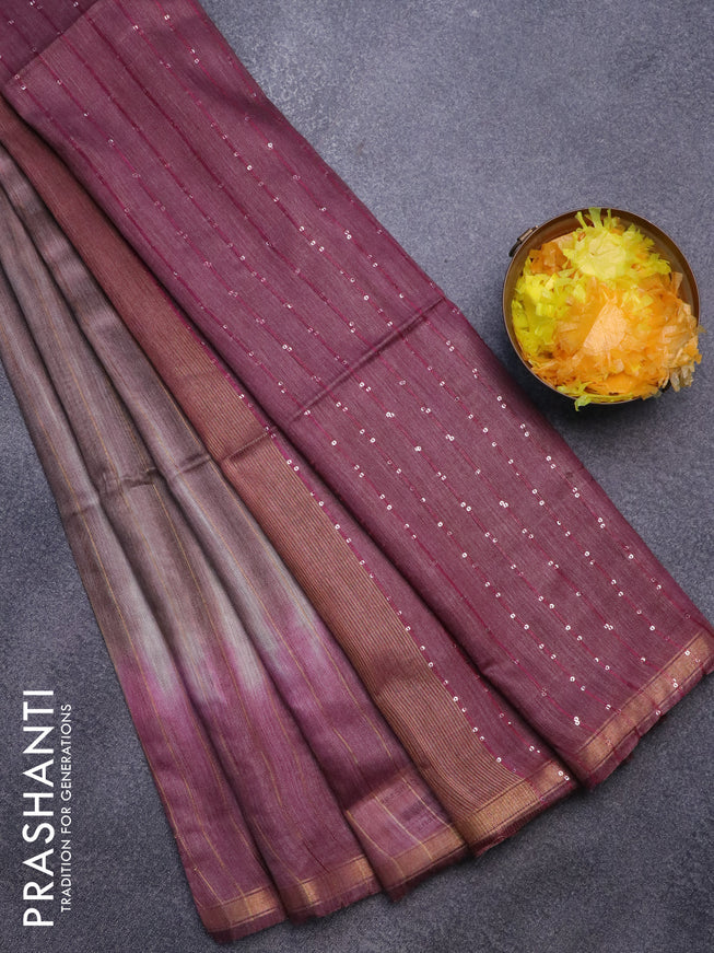 Bamboo saree brown shade and wine shade with allover copper zari stripe pattern and sequin work pallu & zari border