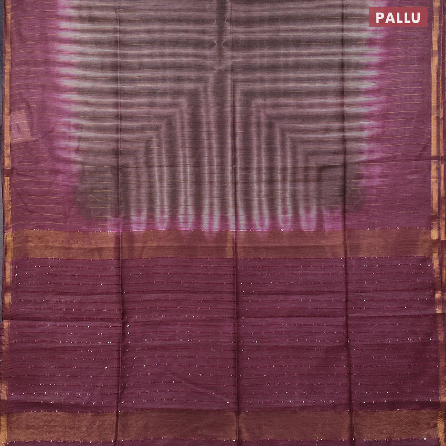 Bamboo saree brown shade and wine shade with allover copper zari stripe pattern and sequin work pallu & zari border