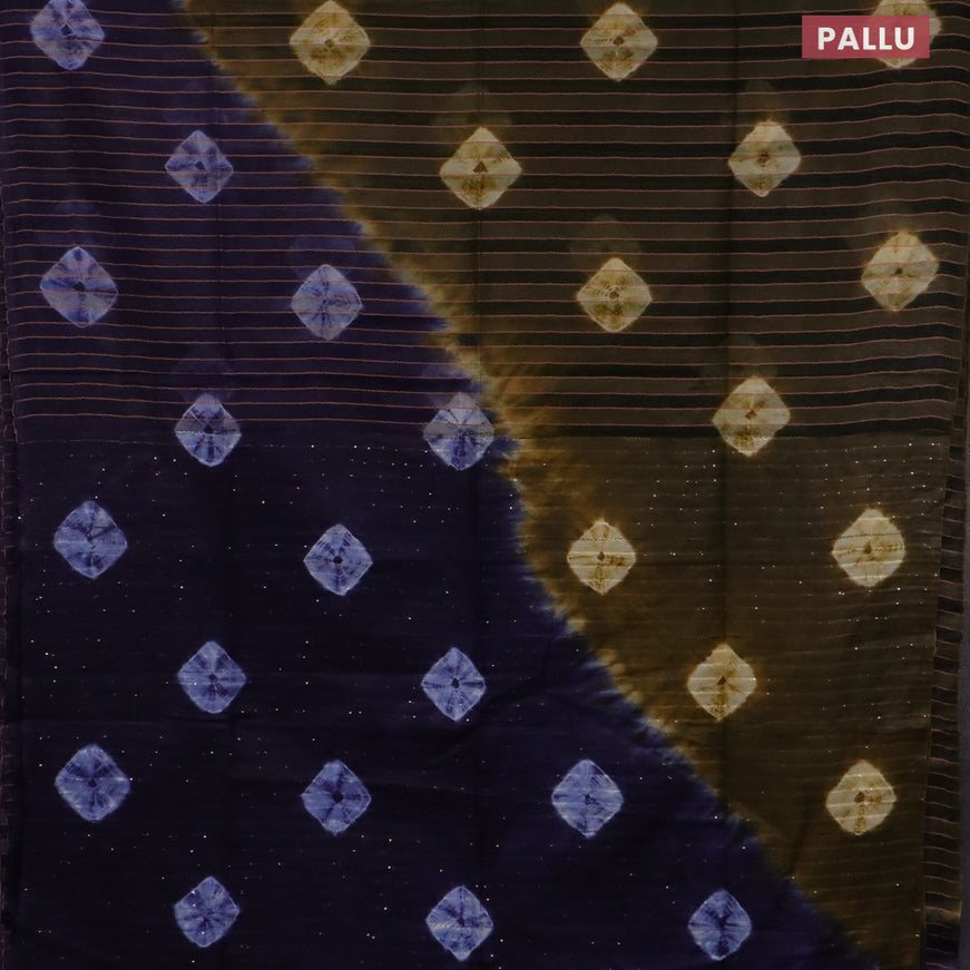 Bamboo saree sap green shade and blue with allover stripe pattern & batik prints and sequin work pallu