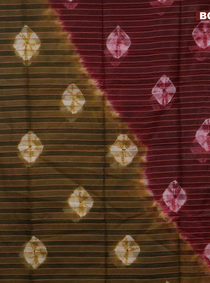 Bamboo saree maroon and mehendi green with allover stripe pattern & batik prints and sequin work pallu