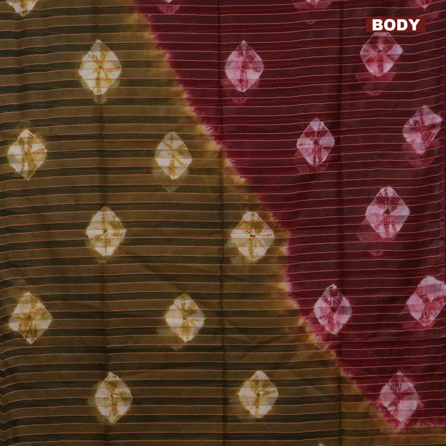 Bamboo saree maroon and mehendi green with allover stripe pattern & batik prints and sequin work pallu