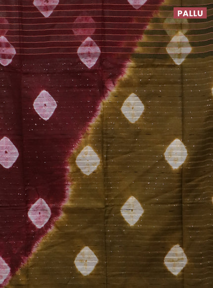 Bamboo saree maroon and mehendi green with allover stripe pattern & batik prints and sequin work pallu