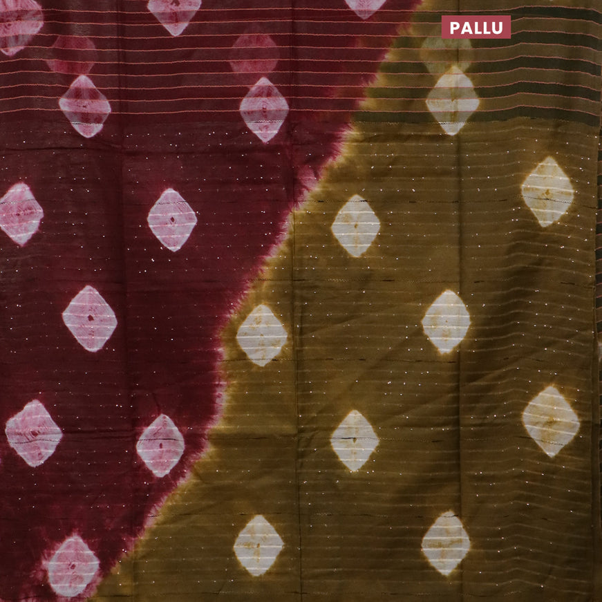 Bamboo saree maroon and mehendi green with allover stripe pattern & batik prints and sequin work pallu