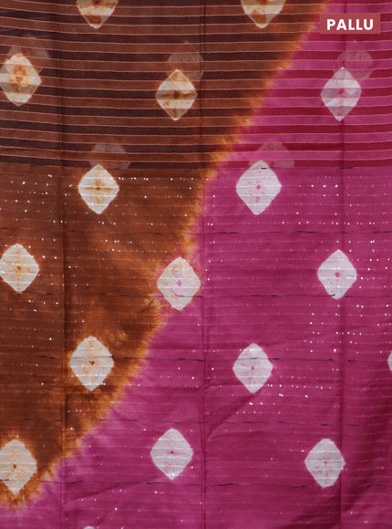 Bamboo saree rust shade and magenta pink with allover stripe pattern & batik prints and sequin work pallu