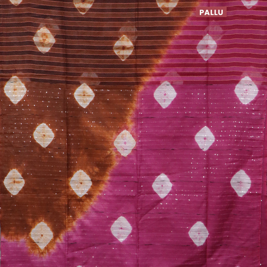 Bamboo saree rust shade and magenta pink with allover stripe pattern & batik prints and sequin work pallu