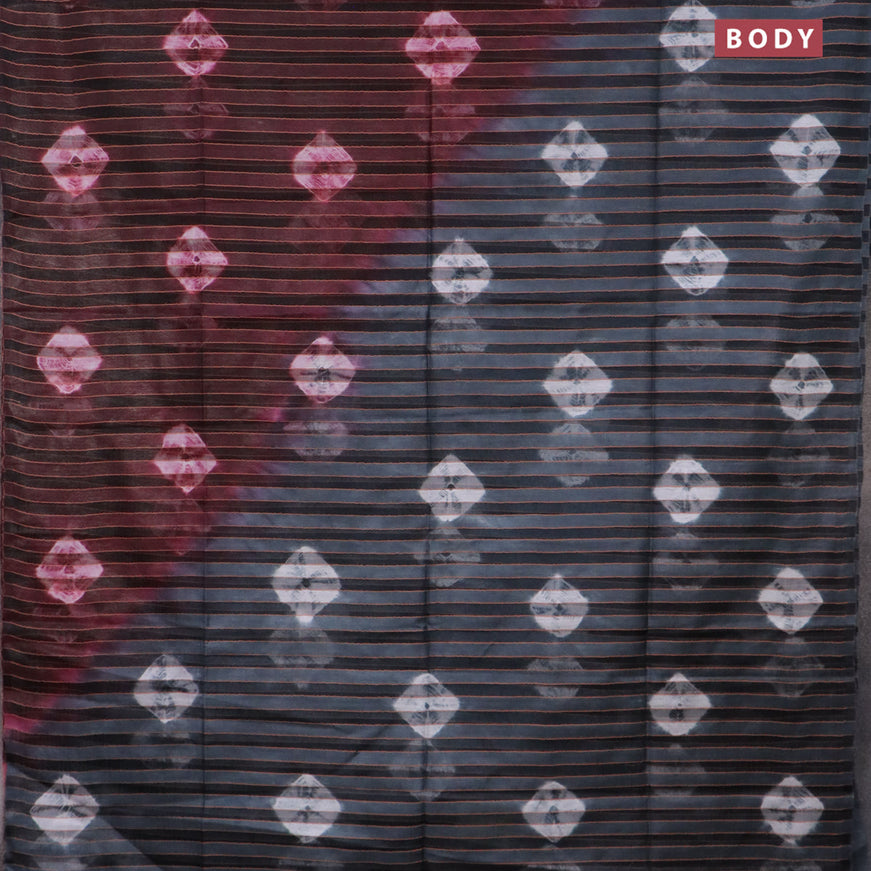 Bamboo saree maroon and elephant grey with allover stripe pattern & batik prints and sequin work pallu