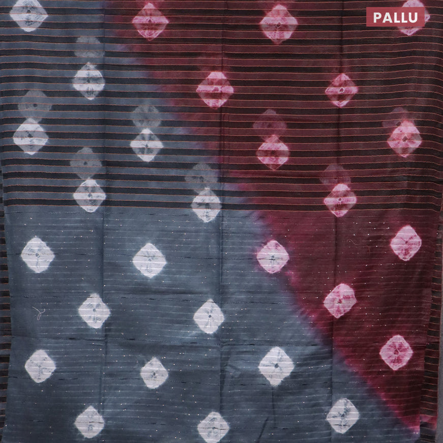 Bamboo saree maroon and elephant grey with allover stripe pattern & batik prints and sequin work pallu