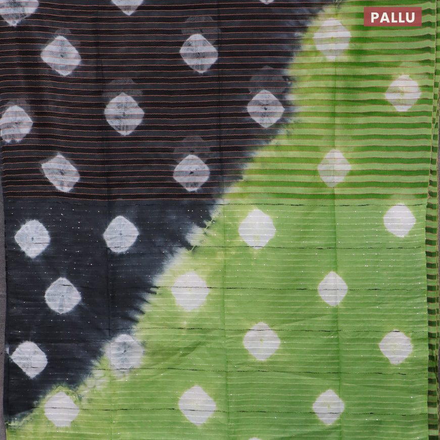 Bamboo saree grey black and light green with allover stripe pattern & batik prints and sequin work pallu