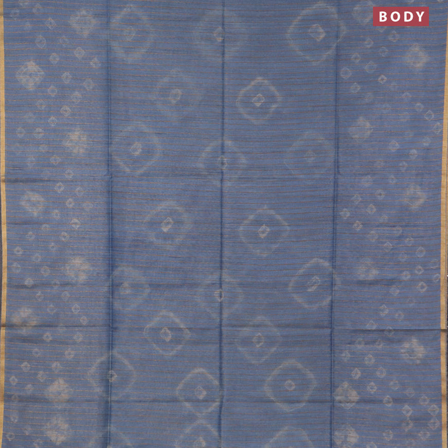 Bamboo saree pastel blue and bluish grey with allover stripe pattern & batik prints and sequin work pallue & zari border