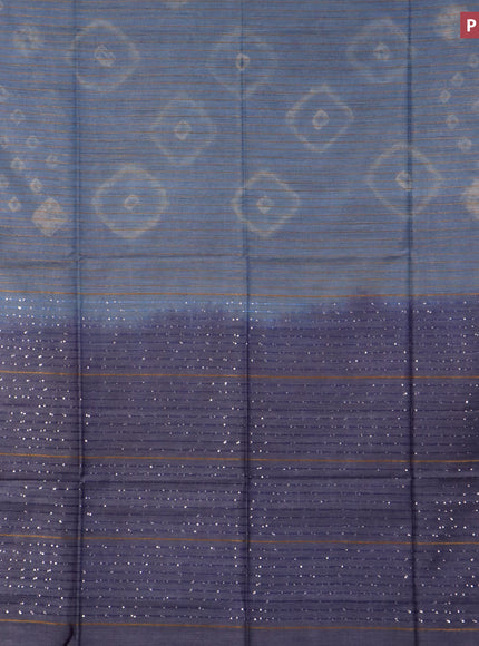 Bamboo saree pastel blue and bluish grey with allover stripe pattern & batik prints and sequin work pallue & zari border