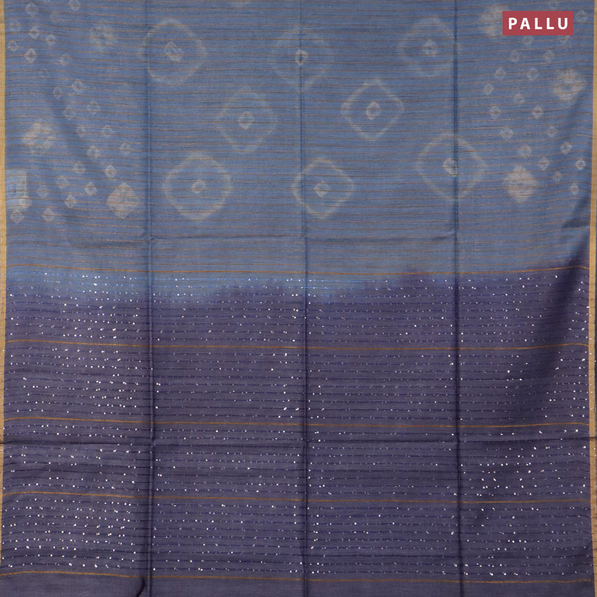 Bamboo saree pastel blue and bluish grey with allover stripe pattern & batik prints and sequin work pallue & zari border