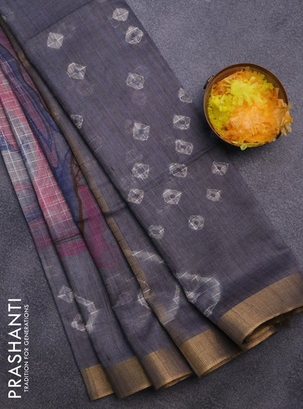 Bamboo saree grey shade with allover checks & prints and zari woven border