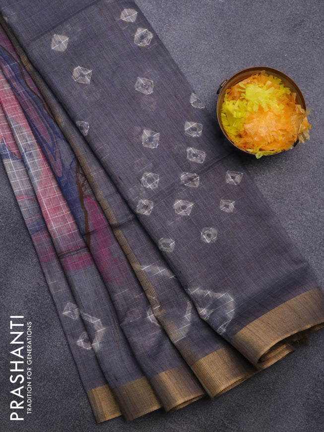 Bamboo saree grey shade with allover checks & prints and zari woven border