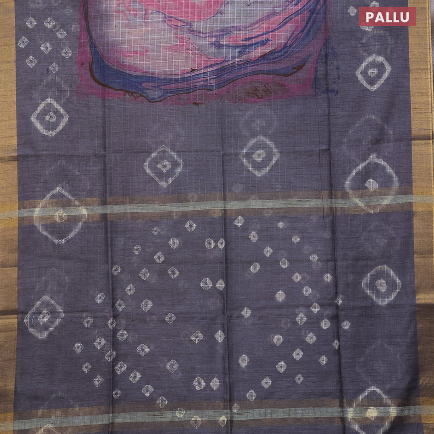 Bamboo saree grey shade with allover checks & prints and zari woven border