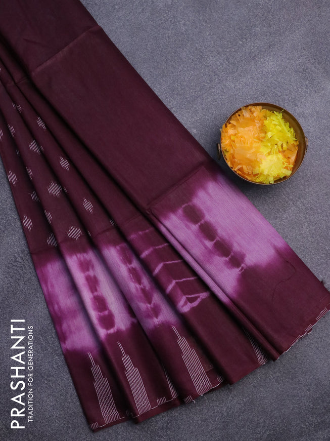 Bamboo saree lavender shade and wine shade with thread woven buttas & tie and dye prints and temple design thread woven border