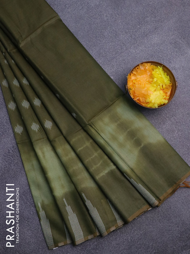 Bamboo saree pastel green and sap green with thread woven buttas & tie and dye prints and temple design thread woven border