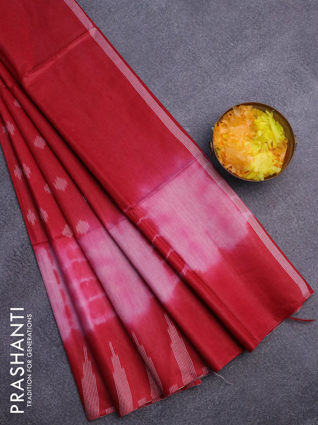 Bamboo saree light pink and red with thread woven buttas & tie and dye prints and temple design thread woven border