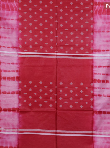 Bamboo saree light pink and red with thread woven buttas & tie and dye prints and temple design thread woven border