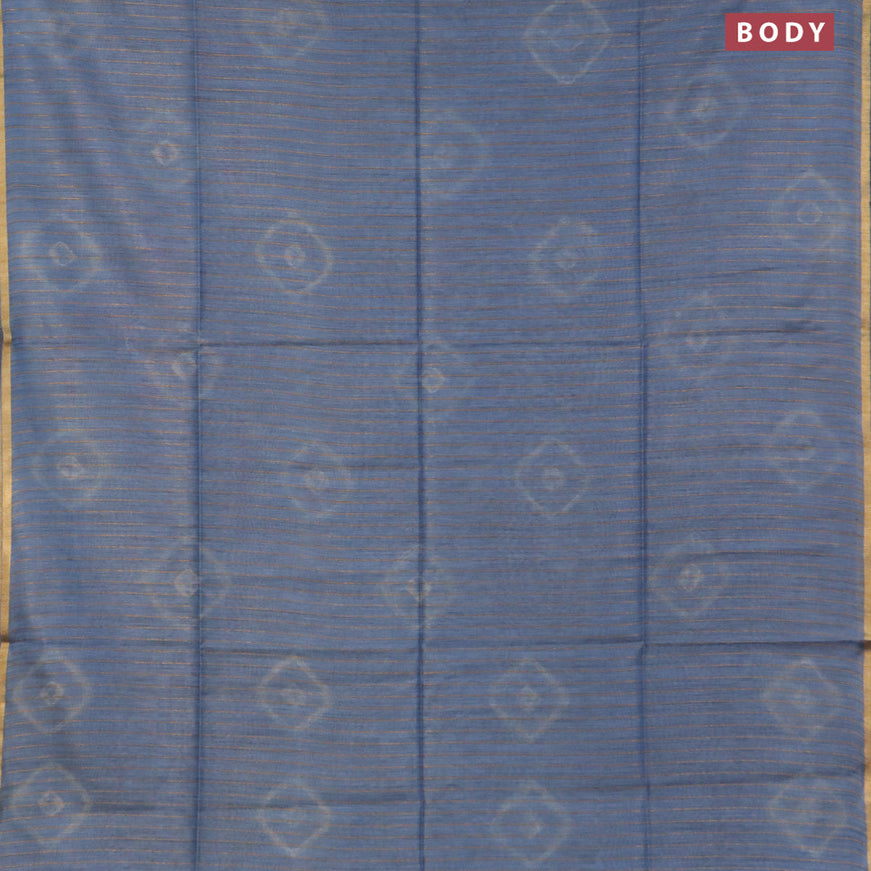 Bamboo saree blue shade with allover zari woven stripes pattern & batik prints and sequin work pallu