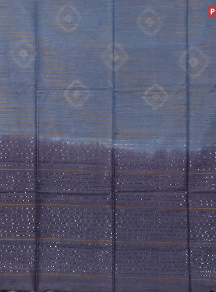 Bamboo saree blue shade with allover zari woven stripes pattern & batik prints and sequin work pallu