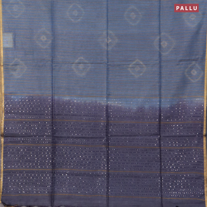 Bamboo saree blue shade with allover zari woven stripes pattern & batik prints and sequin work pallu